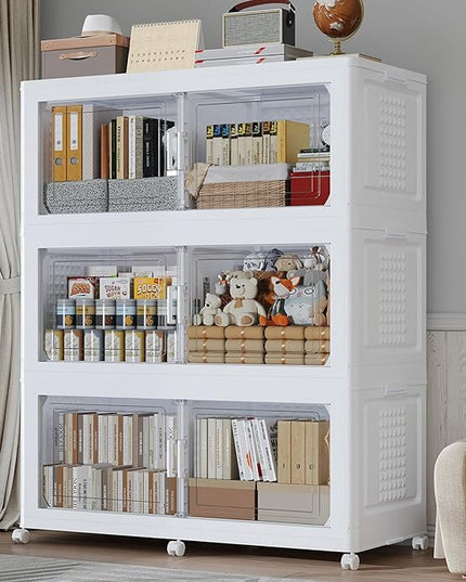 120Gal Stackable Storage Bins with Lid, 480Qt Extra Large Collapsible Storage Box with Wheels, Dividers, Folding Plastic Cabinet Closet Organizers for Home Kitchen Office Dorm, 3Pack White