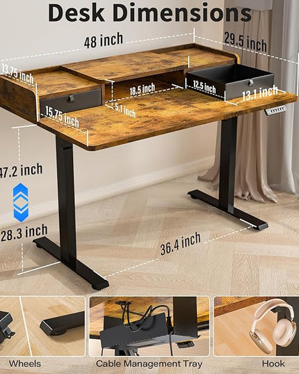 Kingant 48 x 30 Inch Standing Desk with Drawers, Adjustable Height Electric Sit Stand Desk with Storage Shelf, Rising Stand Up Computer Desk for Home Office Workstation, 3 Preset Heights(Rustic Brown)