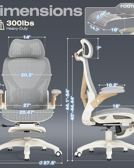 ELABEST X100 Ergonomic Office Chair with Footrest, Big and Tall Home Desk Chair with 5D Flip-Up Arms, Adjustable 3D Lumbar Support,High Back Rolling Computer Chair, Swivel Mesh Chairs (Foggy Morning)