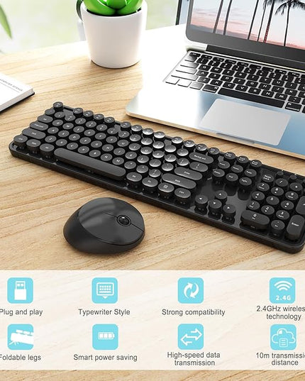 Wireless Keyboard and Mouse Combo, Ergonomic Full Size Typewriter Retro Round Keycaps Keyboard, Compatible with Windows, PC, Perfer for Home and Office Keyboards (Black