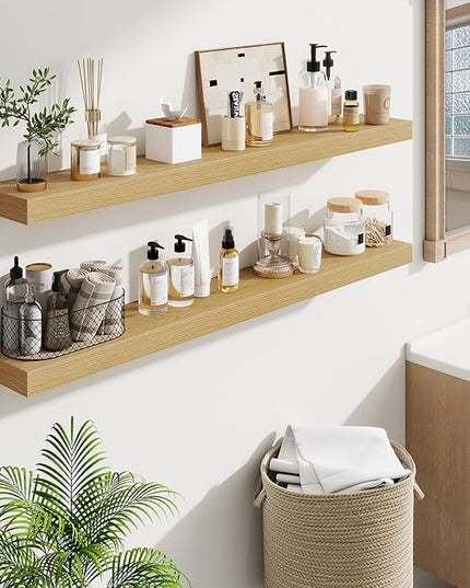 Fun Memories Floating Shelves 48 Inch, Extra Large Wood Shelf Set of 2, Hanging Wall Shelves for Bathroom, Living Room, Kitchen, Bedroom, Oak