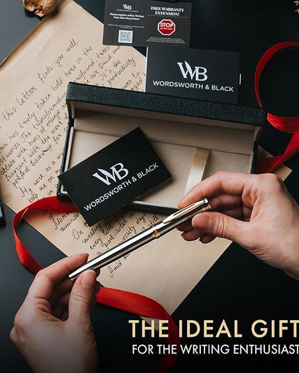 Wordsworth & Black Fountain Pen Set, Medium Nib, Includes 24 Ink Cartridges and Ink Refill Converter, Gift Case, Journaling, Calligraphy, Smooth Writing Pens [Silver Gold], Perfect for Men and Women