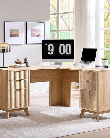 T4TREAM 60'' Fluted Executive L Shaped Desk, Modern Home Office Desk with Charging Station and File Drawer, Computer Corner Desks with Drawers & Storage Cabinet for Office Home, Bedroom, Natural Oak