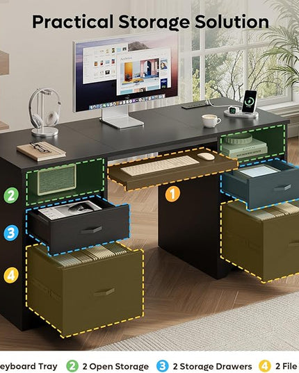 Bestier 59” Computer Desk with 4 Drawers, Office Desk with Storage, Modern Executive Desk with Charging Station, Keyboard Tray & Wooden Pedestals on Both Sides for Home Office & Studio, Black