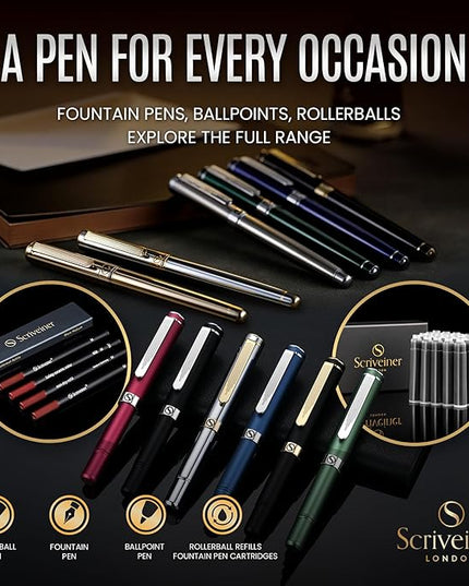 Scriveiner British Racing Green Fountain Pen - Stunning Luxury Pen with Chrome Finish, Schmidt Nib (Medium), Best Pen Gift Set for Men & Women, Professional, Executive, Office, Nice Pens