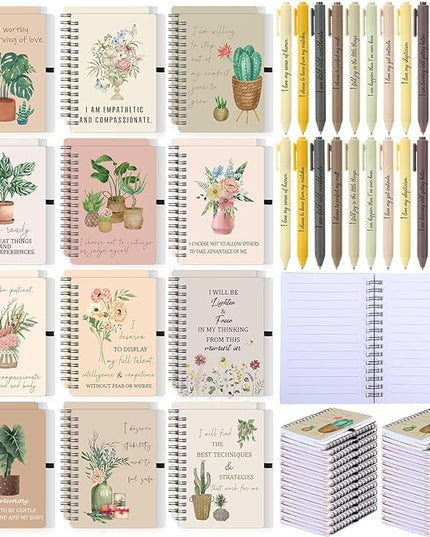 Kosiz 48 Pcs/24 Set Positive Affirmation Gifts Gratitude Spiral Notebooks with Pens Motivational Encouragement Notepads Daily Affirmations Journal for Women Valentine Galentine Gifts (Flower)