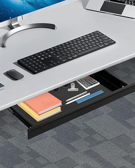 17.7" Under Desk Storage Drawer, Black Sliding Pull-Out Drawer for Sit Stand Workstation