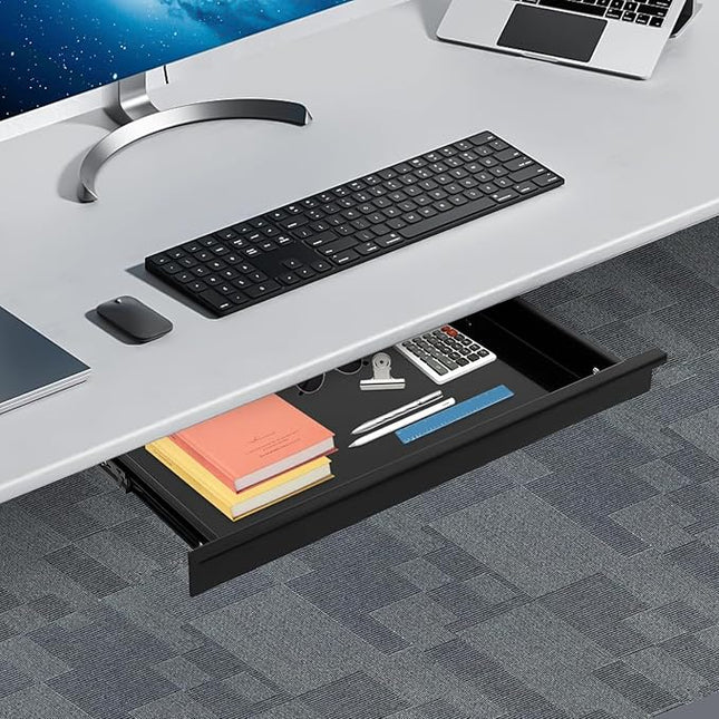 17.7" Under Desk Storage Drawer, Black Sliding Pull-Out Drawer for Sit Stand Workstation