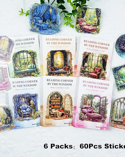 AuriicLeaf Window Reading Corner PET Sticker Set, 60PCS Cozy Room Scene Stickers for Scrapbooking, Journaling, DIY Crafts and Gift Decoration