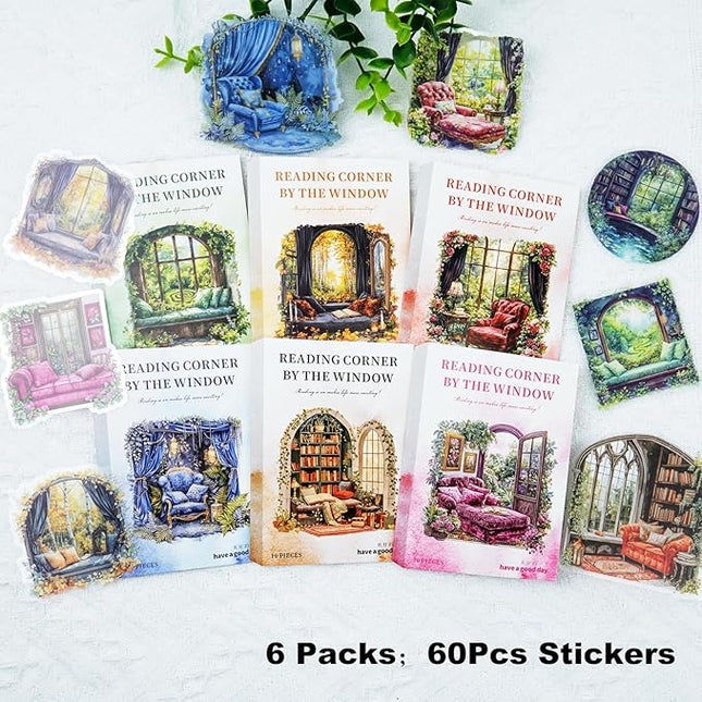 AuriicLeaf Window Reading Corner PET Sticker Set, 60PCS Cozy Room Scene Stickers for Scrapbooking, Journaling, DIY Crafts and Gift Decoration