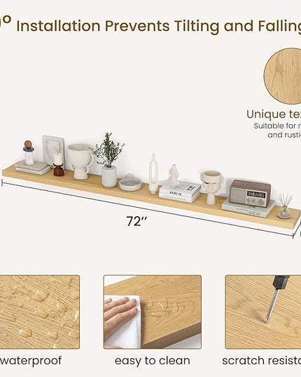 Dreamland 72Inch Floating Shelves for Wall, Rustic Wooden Storage Shelf for Living Room, Kitchen, Farmhouse, Wall Mounted Display Shelving with Invisible Heavy-Duty Metal Bracket, Set of 2 - Oak