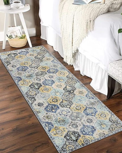 Lahome Moroccan Washable Hallway Runner Rug, 2'5''x8' Ultra-Thin Carpet Runners for Hallways Kitchen, Oriental Vintage Non-Slip Laundry Room Rug for Entryway Bedroom Bathroom, Yellow/Aqua