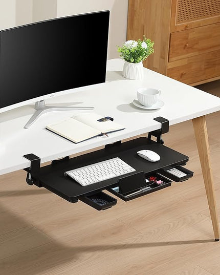 Keyboard Tray Under Desk with Drawer,26.77" X 11.81" Keyboard Tray Large Size with C Clamp-on Mount, Easy to Install, Save Space for Office Desk (Black)