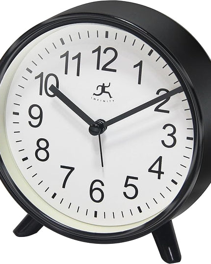Infinity Instruments Plastic 5.75" Indoor Tabletop Alarm Clock with Quartz Movement for Accurate Time Keeping, Black