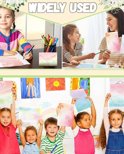 TaoBary 160 Pcs Stationery Paper Set 50 Double Sided Stationery Papers with 50 Matching Envelopes and 60 Round Dot Sticker, 10 Design(Watercolor,8.5 x 11 Inch)