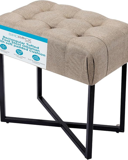 BIRDROCK HOME Rectangular Tufted Foot Stool Ottoman with Soft Padded Cushion - Versatile Vanity Chair for Bedroom, Living Room, Bathroom - Compact Seating for Adults - Beige with Black Metal Legs