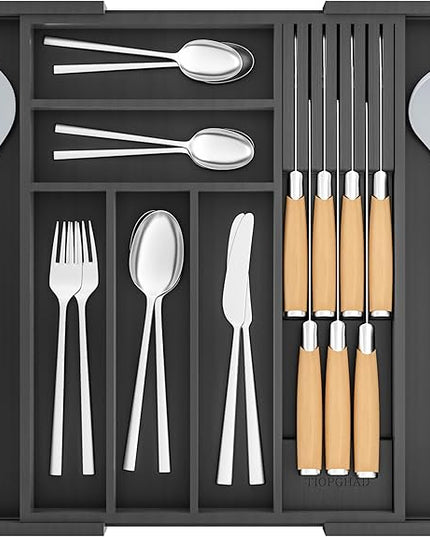Bamboo-Silverware-Drawer-Organizer-Kitchen, Expandable Utensil Holder Cutlery Tray Flatware Organization Adjustable Wood Tableware Dividers Storage (with Removable Knife Block)(Black)