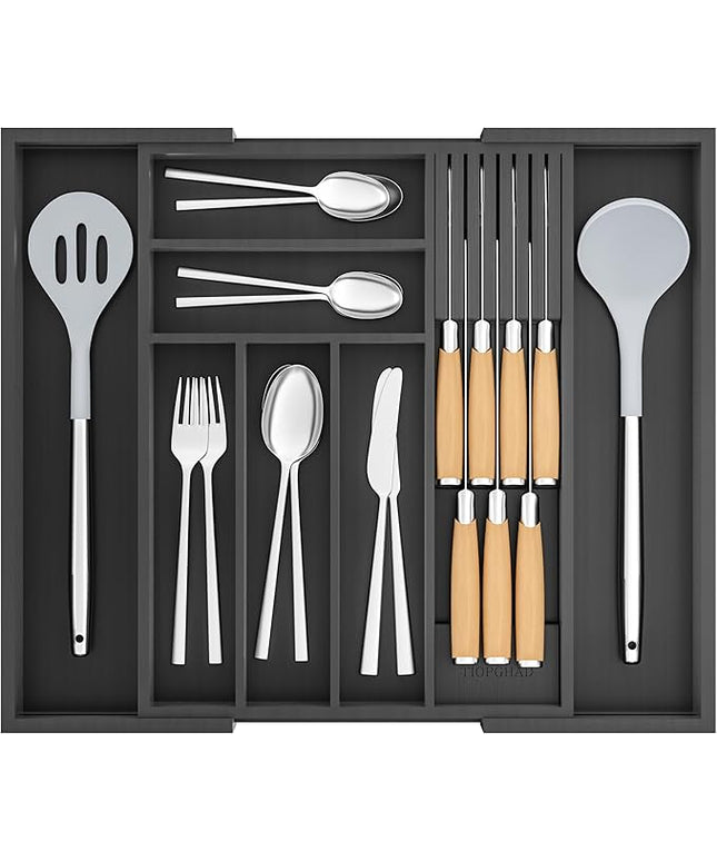 Bamboo-Silverware-Drawer-Organizer-Kitchen, Expandable Utensil Holder Cutlery Tray Flatware Organization Adjustable Wood Tableware Dividers Storage (with Removable Knife Block)(Black)