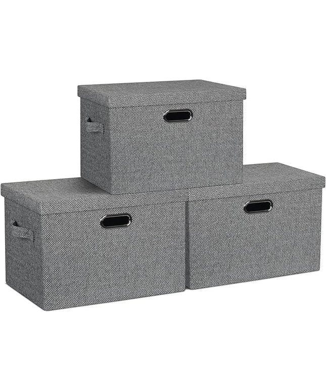 Large 17" 36 Quart Collapsible Stackable Storage Bins with Lids, 3 Packs Black and White Mix Linen Fabric Closet Boxes with Lids, Storage Cube Baskets Container Organizers (17x12x11)