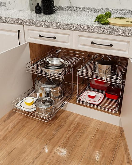ROOMTEC Individual Pull Out Cabinet Organizer (14" W x 18" D), 2 Tier Spice Rack Organizer for Cabinet, Slide Out Drawer Pantry Shelf Organization and Storage for Kitchen Bathroom