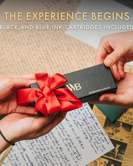 Wordsworth and Black Fountain Pen Mini EDC: Luxury Silver Heavy Pocket Pen, Chrome Finish, Medium Nib, 6 Ink Cartridges, Ink Converter, Travel Refillable Writing Pen Gift Set, Men & Women
