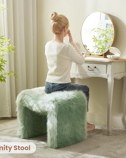 Vanity Stool Chair Small Footstool Ottoman Faux Fur Seating Backless Modern Foot Rest Ottoman Furry for Makeup Room Living Room Bedroom Entryway,Green (Single 1)