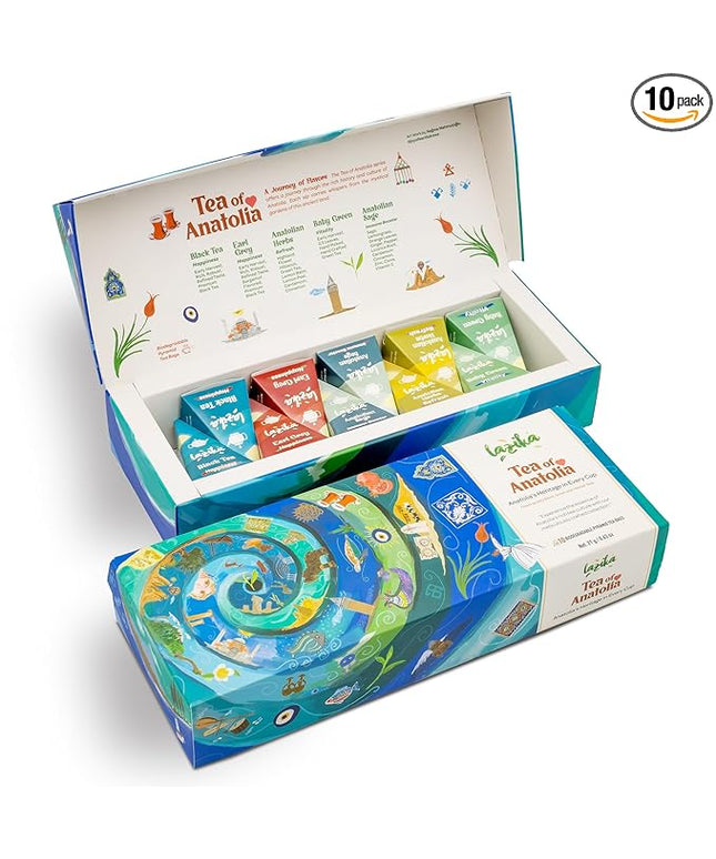 Lazika Tea Variety Pack with Lovely Presentation Box, Black, Green and Herbal Tea Sampler Gift Set, 10 Counts, Premium Collection with Pyramid Infuser Bag, Handcrafted