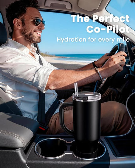 Renoj Tumbler with Handle 100% Spill Resistant Insulated Water Bottle for Iced Coffee & Hot Drinks - Fits Car Cup Holder, Ideal Gift, 2 Straws & Silicone Boot BPA-Free - FlexSlide Black 40 oz
