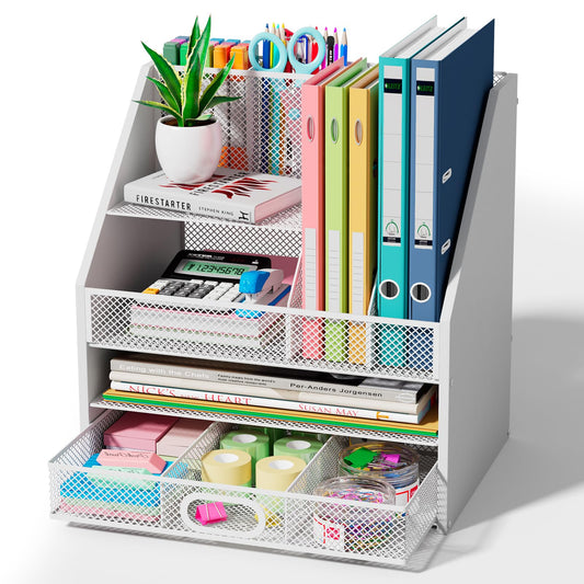 Homsorout Wooden Desk Organizer - Mesh File Organizer with Drawers and Pen Holder - 4-Tier Vertical Paper Letter Storage Tray, Desktop Organizers and Accessories for Home Office （White