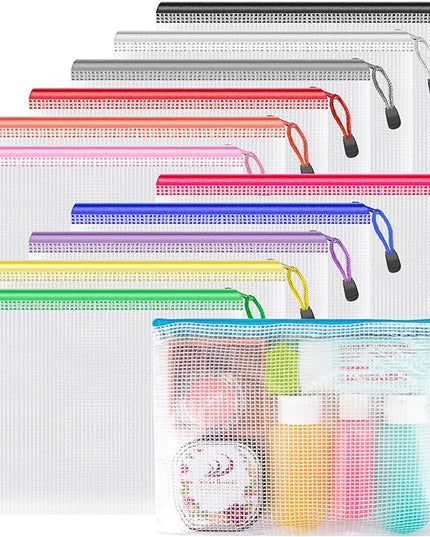 Umriox Small Zipper Pouch, 9.5x7.1 in (12 Colors, 12 Packs), Mesh Bags with Zipper for Office Supplies Travel Accessories