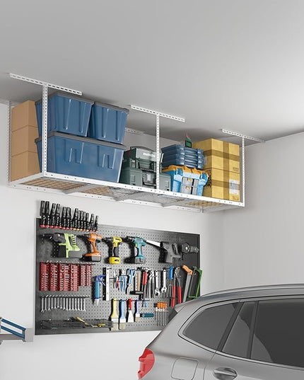 FLEXIMOUNTS 2x8 Overhead Garage Storage Rack,Adjustable Storage Organization System,Heavy Duty Metal Garage Ceiling Storage Racks,400lbs Weight Capacity,White, Classic Series