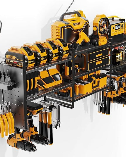 Power Tool Organizer with Charging Station Wall Mount, 3 Layer Expanded Heavy Duty Garage Organization, 48.8 Inch Length Garage Tool Storage, 4 Drill Slot, 16" Standard Hole, Black
