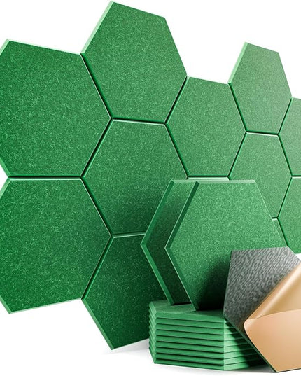 12 Pack Self-Adhesive Acoustic Panels 12" X 10" X 0.4" - Sound Proof Foam Panels with High Density, Hexagonal Design, Flame Resistant, Absorb Noise and Eliminate Echoes(Muted Green)