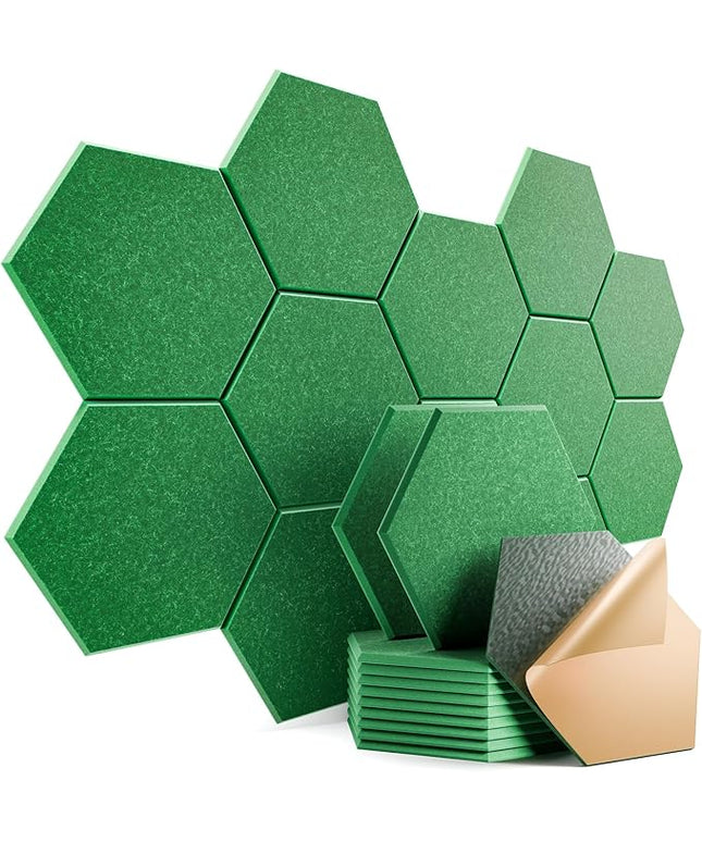 12 Pack Self-Adhesive Acoustic Panels 12" X 10" X 0.4" - Sound Proof Foam Panels with High Density, Hexagonal Design, Flame Resistant, Absorb Noise and Eliminate Echoes(Muted Green)