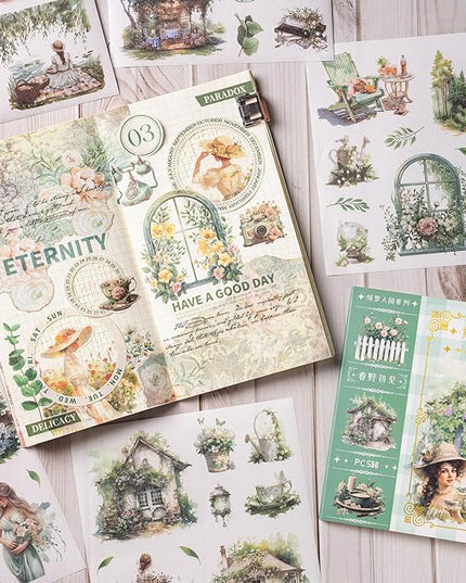 YagCu Garden Journal Stickers, 50 Sheets Washi Junk Journaling Sticker Book, Scrapbook Supplies, Watercolor Scrapbooking for Adults, Green Decorative Ephemera Arts Craft