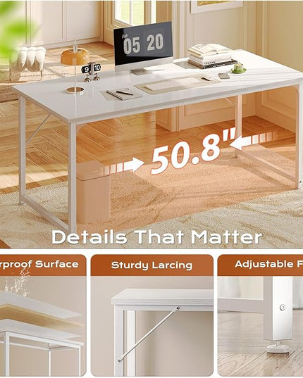 PRAISUN 54 X 24 Inch Computer Desk with Deeper Desktop, Gaming Office Writing Work Desk for Home Office, Study, Bedroom, Work from Home, Metal Frame, White