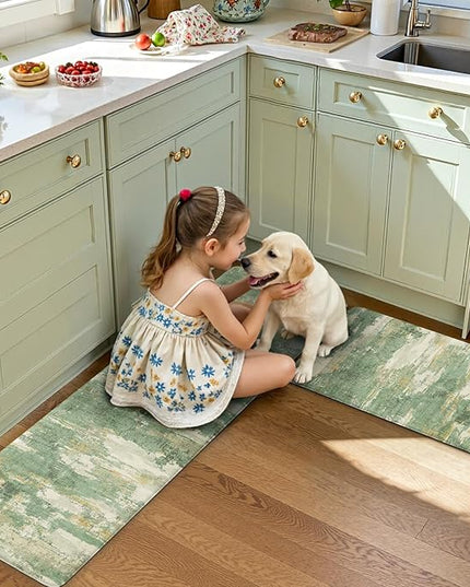 Collive Anti Fatigue Mats for Kitchens Floor, Abstract Non Skid Kitchen Rugs Sets of 2 Green Modern Standing Mat, Foam Cushioned Comfort Carpet for Office, Sink, Home Decor, 17"x59"+17"x29"
