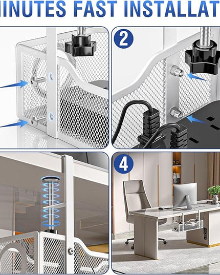 Under Desk Cable Management Tray - GZOKMOG No Drill Cord Organizer with Clamp, Workspace Organizers for Cords, Metal Mesh Wire Management for Home and Office, 1 Pack White, 13.38 inch