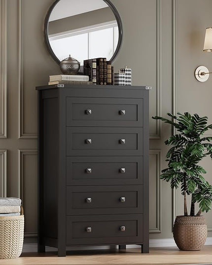 BORNOON Tall 5-Drawer Dresser, Modern Wooden Storage Chest of Drawers, Dresser TV Stand, Wood Drawer Organizer with Metal Handles for Bedroom, Living Room, Hallway