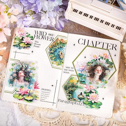 AuriicLeaf Dreamy Floral PET Tape Set with Clip, 6 Rolls Pre-Cut Vintage Tape for Journaling, Scrapbooking, DIY Crafts, and Planners