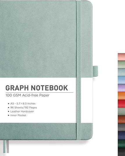 RETTACY Graph Grid Paper Notebook, 192 Pages, A5 Medium Size (5.7'' x 8.3''), 5 Squares per Inch, Leather Hardcover, 100 GSM Thick Paper, for School, Students, Math, Engineering (Blue-gray)