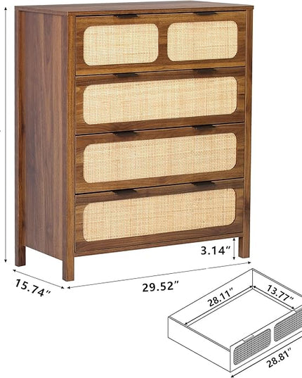LEVNARY 4 Drawer Dresser Set of 2, Rattan Dressers Storage Cane Cabinet, Wooden Chest of Drawers Dresser for Bedroom, Entryway, Living Room (2, Walnut)