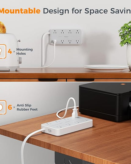TESSAN Flat Plug Extension Cord 6 FT, Surge Protector Power Strip with 8 AC Outlets 3 USB (1 USB C), 1080 Joules, 1875W 15A, Multiple Wall Outlet Extender Station for Home Office School Dorm