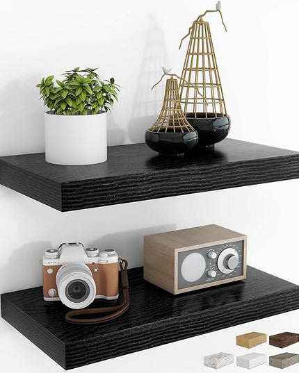 RICHFOCUS 16Inch Floating Shelves for Wall 2 Pack Shelves for Bedroom|Kitchen|Bathroom Wall Mounted Rustic Wood Floating Shelf with Invisible Brackets for Books|Storage|Decor, Black
