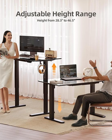 INNOVAR Glass Standing Desk with Drawers, 48×24 Inch Adjustable Stand Up Desk, Quick Install Home Office Computer Desk, Black