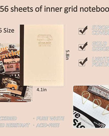 Scrapbooking Supplies Kit, Aesthetic Daily Life Travel Scrapbook Kit for Bullet Junk Journal, Stationery, A6 Grid Notebook, Flower DIY Journaling Supplies, Birthday Craft Gift Teen Girl Women