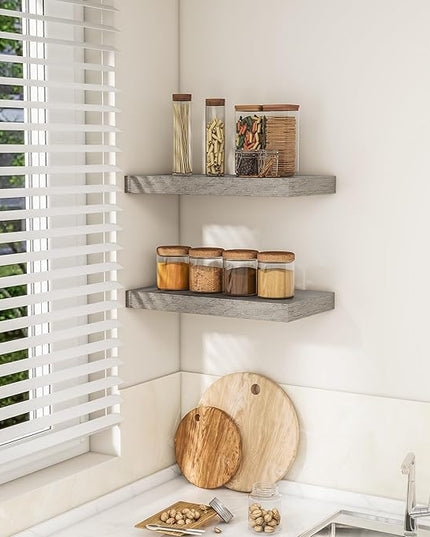 RICHFOCUS 16Inch Floating Shelves for Wall 2 Pack Shelves for Bedroom|Kitchen|Bathroom Wall Mounted Rustic Wood Floating Shelf with Invisible Brackets for Books|Storage|Decor, Grey