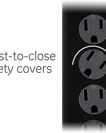 GE Surge Protector Power Strip, 8 Ft Extension Cord, 6 Outlet Extender, 1300 Joules, Flat Plug, Twist-to-Close Safety Covers, ETL Listed, Black, 33662