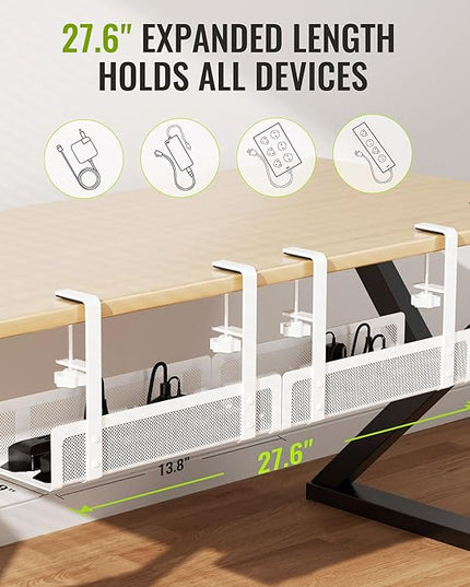 [Upgraded] 2 Pack Cable Management Under Desk Tray, Xpatee 27.6" No Drill Open Slots Cable Management Tray, Cord Wire Organizer Box with Clamp for Table Thickness up to 3" - No Desk Damage(White)
