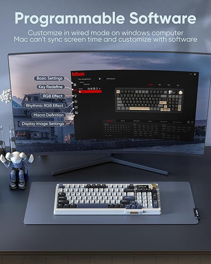 RedThunder K95 Wireless Mechanical Keyboard, TFT Screen & Knob, Tri-Mode BT5.0/2.4GHz/USB-C Hot Swappable Custom, Pre-lubed Linear Switches, Gasket Structure, RGB Gaming Keyboard, Snowy White-Blue